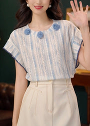Art Blue Floral Hollow Out Cotton T Shirt Summer
