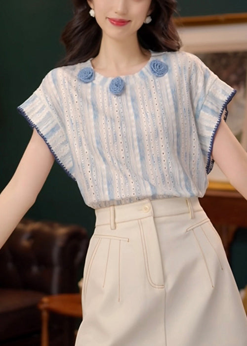Art Blue Floral Hollow Out Cotton T Shirt Summer