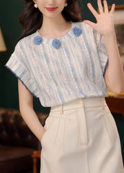 Art Blue Floral Hollow Out Cotton T Shirt Summer
