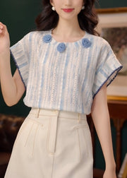 Art Blue Floral Hollow Out Cotton T Shirt Summer