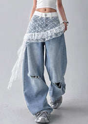 Art Blue Hole Lace Patchwork Denim Pants Fall