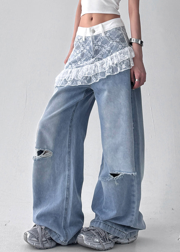 Art Blue Hole Lace Patchwork Denim Pants Fall