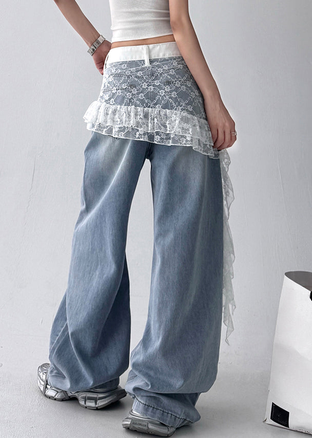 Art Blue Hole Lace Patchwork Denim Pants Fall