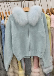 Art Blue Hooded Fox Collar Patchwork Knit Coat Winter