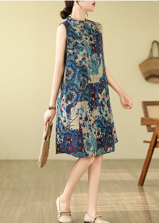 Art Blue Mandarin Collar Print Cotton Mid Dress Sleeveless