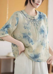 Art Blue Mandarin Collar Print Linen Top Summer