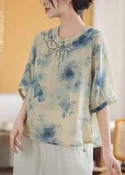Art Blue Mandarin Collar Print Linen Top Summer
