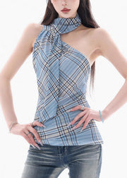 Art Blue Neck Plaid Cotton Tank Summer