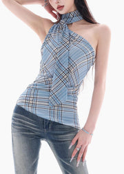 Art Blue Neck Plaid Cotton Tank Summer
