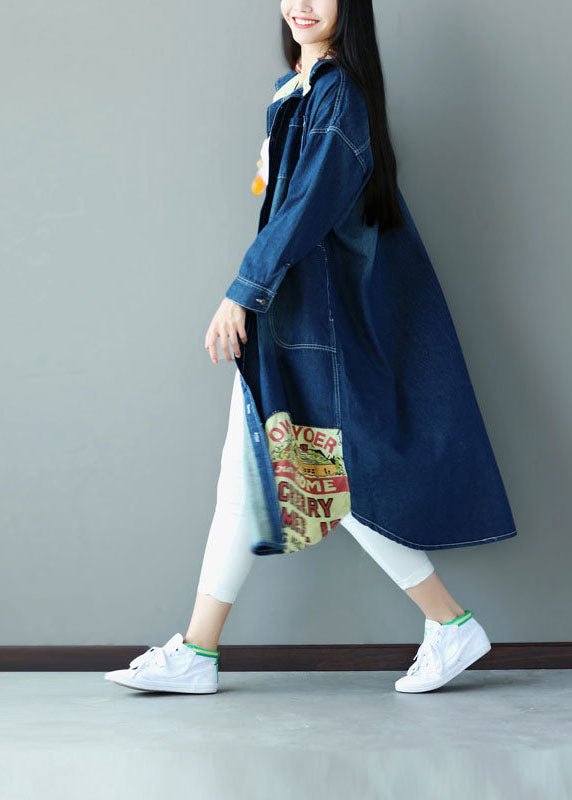 Art Blue Oversized Patchwork Applique Cotton Denim Trench Spring