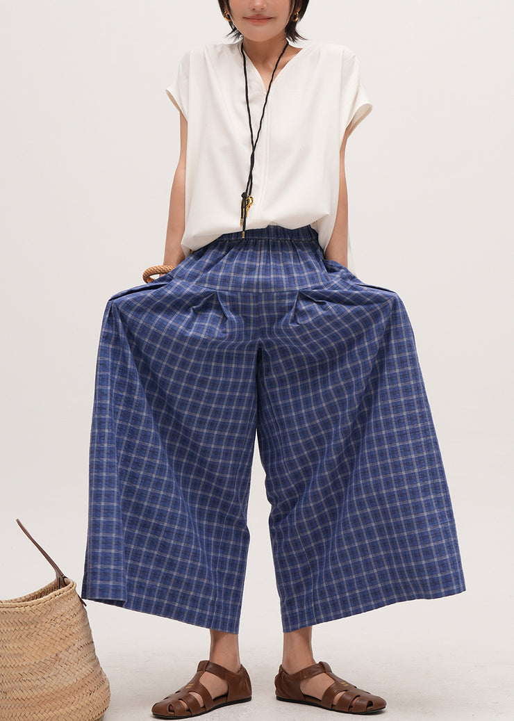 Art Blue Oversized Plaid Cotton Wide Leg Pants Summer
