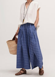 Art Blue Oversized Plaid Cotton Wide Leg Pants Summer