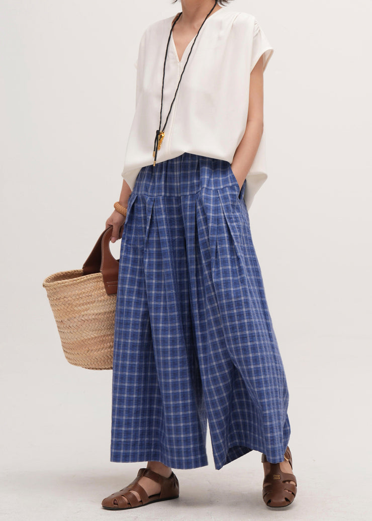 Art Blue Oversized Plaid Cotton Wide Leg Pants Summer