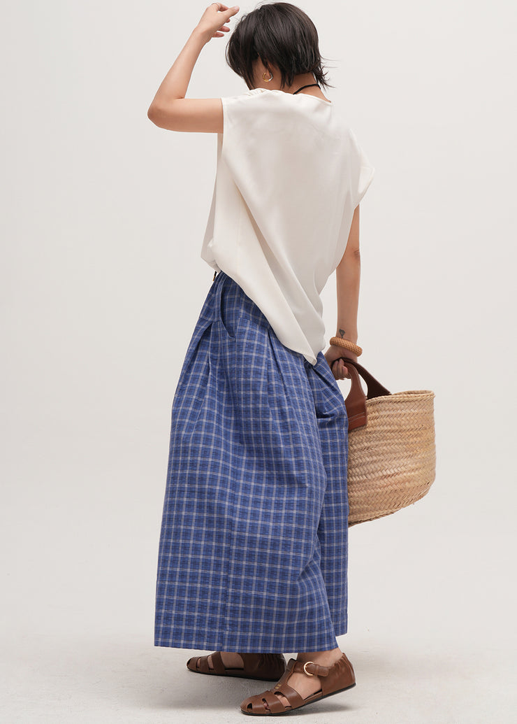 Art Blue Oversized Plaid Cotton Wide Leg Pants Summer