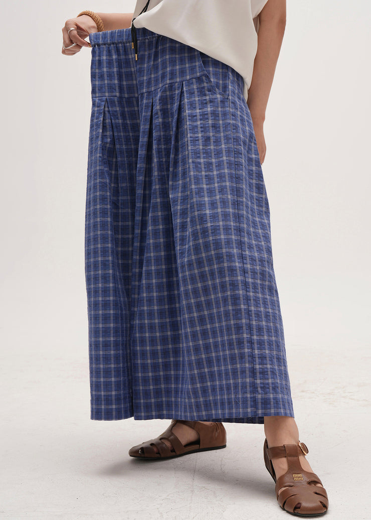 Art Blue Oversized Plaid Cotton Wide Leg Pants Summer