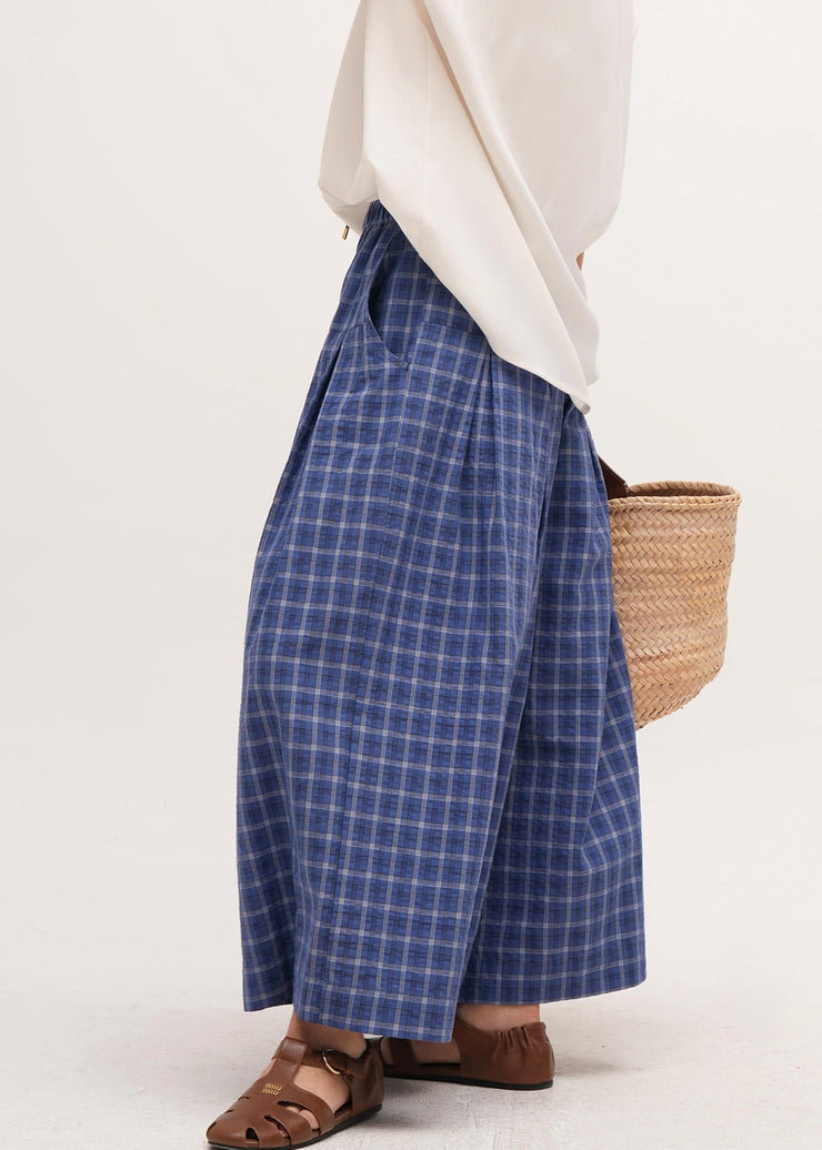 Art Blue Oversized Plaid Cotton Wide Leg Pants Summer