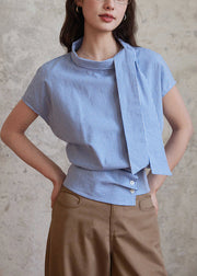 Art Blue Plaid Bow Cotton Blouses Summer