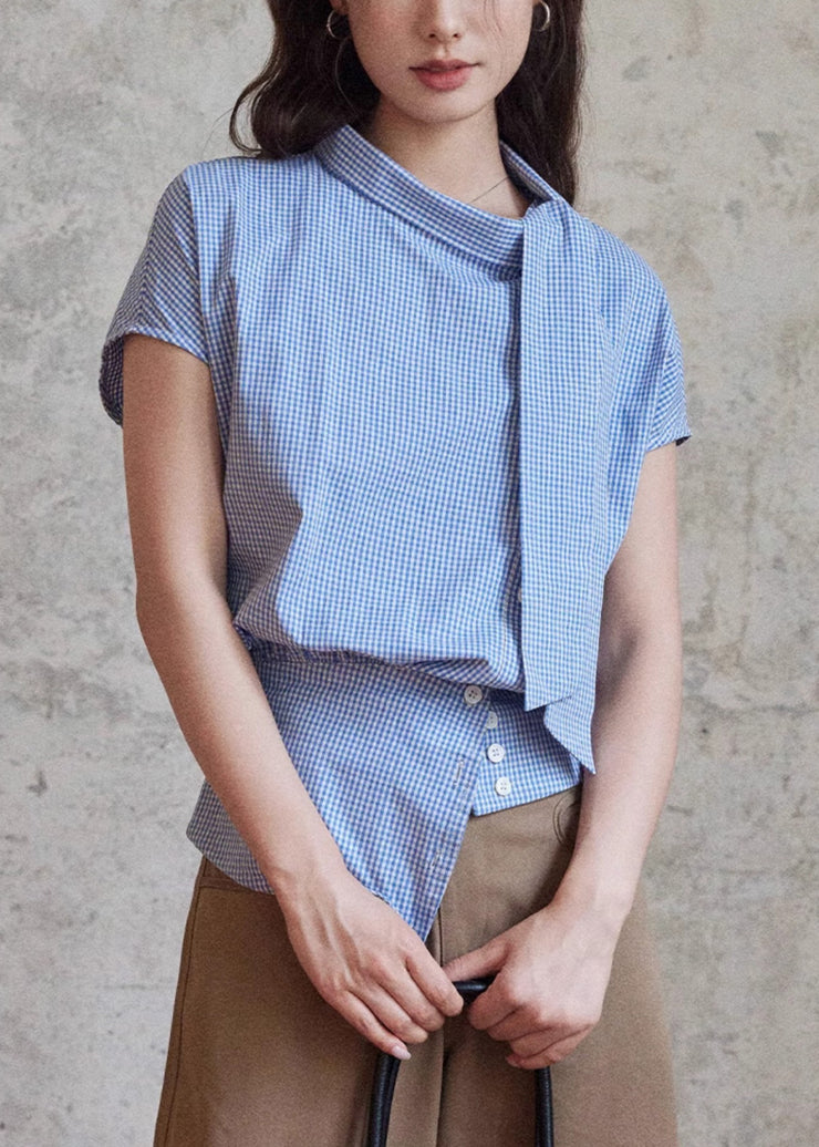 Art Blue Plaid Bow Cotton Blouses Summer