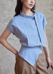 Art Blue Plaid Bow Cotton Blouses Summer