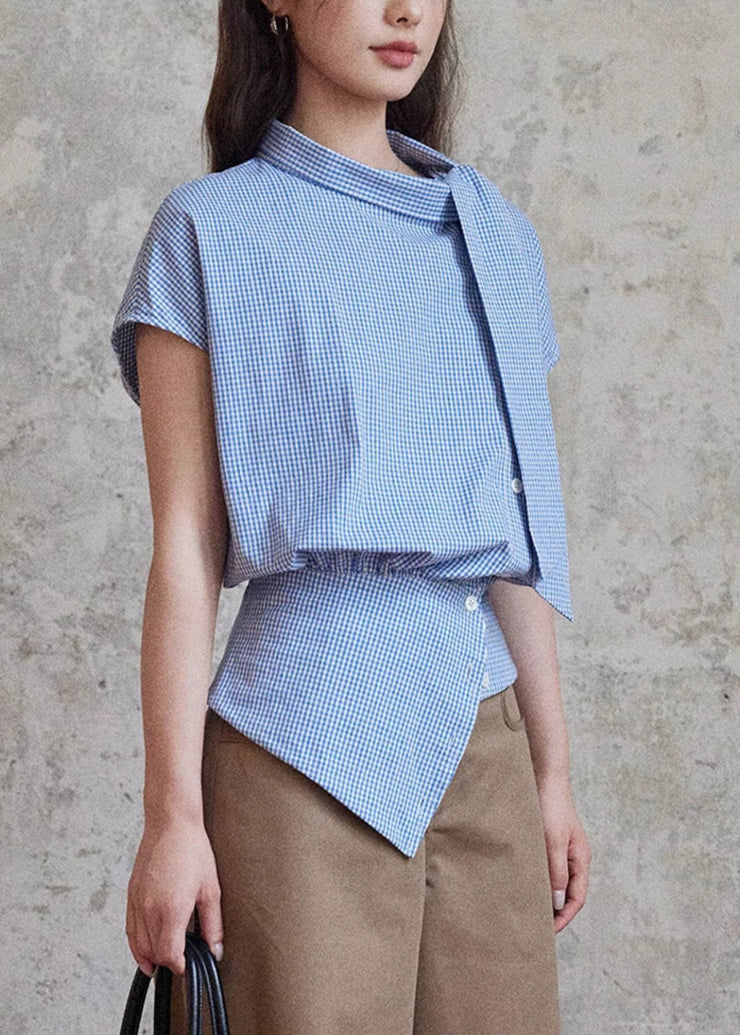 Art Blue Plaid Bow Cotton Blouses Summer