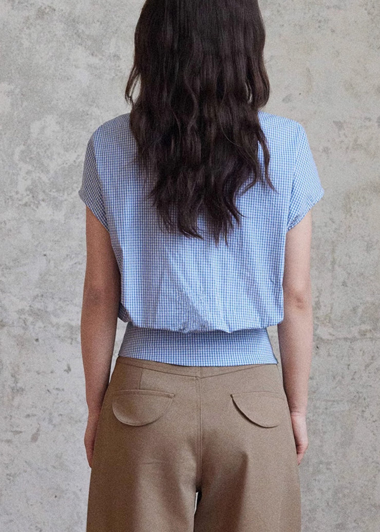 Art Blue Plaid Bow Cotton Blouses Summer