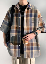 Art Blue Plaid Letter Cotton Mens Shirts Peter Pan Collar Half Sleeve