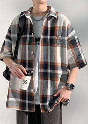 Art Blue Plaid Letter Cotton Mens Shirts Peter Pan Collar Half Sleeve