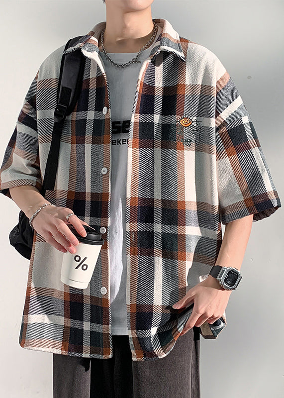 Art Blue Plaid Letter Cotton Mens Shirts Peter Pan Collar Half Sleeve