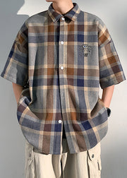 Art Blue Plaid Letter Cotton Mens Shirts Peter Pan Collar Half Sleeve