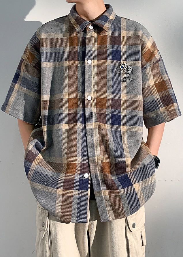 Art Blue Plaid Letter Cotton Mens Shirts Peter Pan Collar Half Sleeve