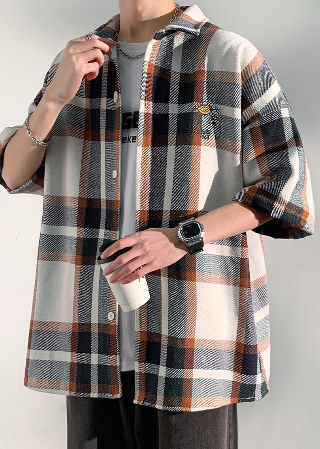 Art Blue Plaid Letter Cotton Mens Shirts Peter Pan Collar Half Sleeve