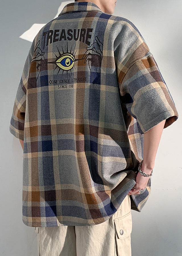 Art Blue Plaid Letter Cotton Mens Shirts Peter Pan Collar Half Sleeve