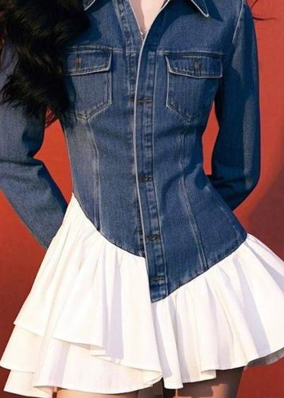 Art Blue Pockets Fake Two Pieces Denim Mid Dresses Spring