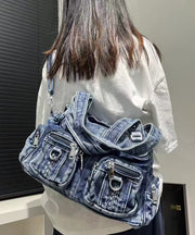 Art Blue Pockets Solid Durable Denim Shoulder Bags