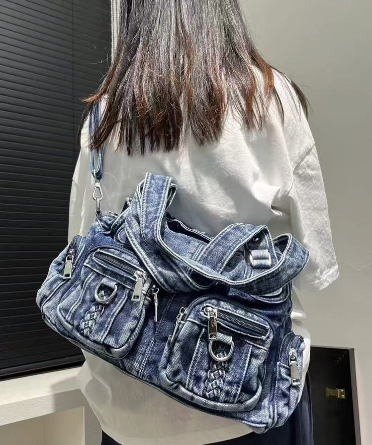 Art Blue Pockets Solid Durable Denim Shoulder Bags