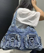 Art Blue Pockets Solid Durable Denim Shoulder Bags