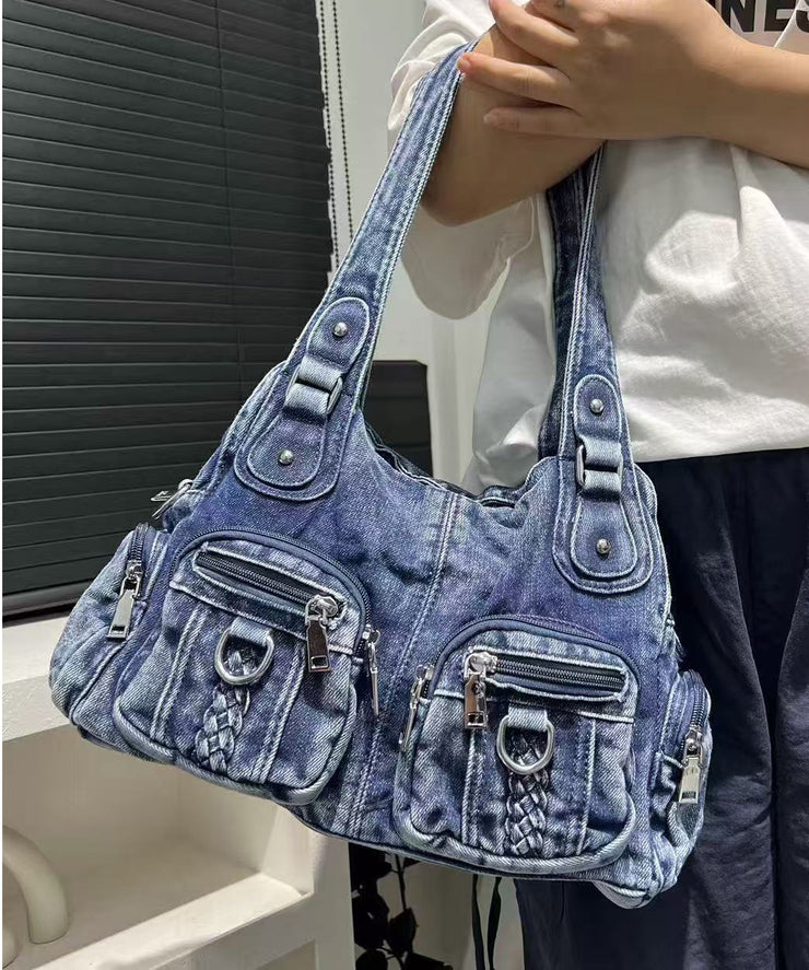 Art Blue Pockets Solid Durable Denim Shoulder Bags