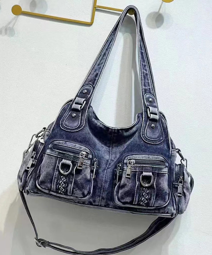 Art Blue Pockets Solid Durable Denim Shoulder Bags