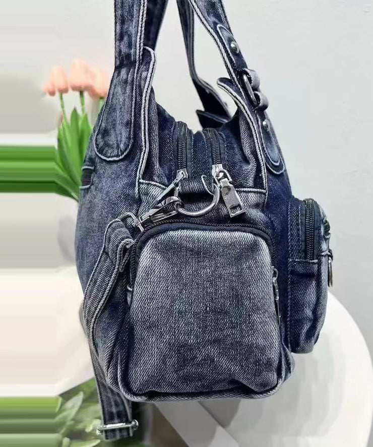 Art Blue Pockets Solid Durable Denim Shoulder Bags