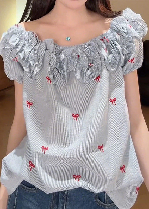 Art Blue Ruffled Bow Cotton Shirt Summer
