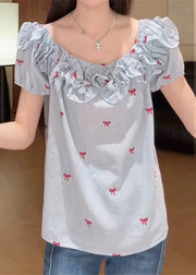 Art Blue Ruffled Bow Cotton Shirt Summer