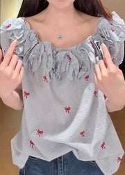 Art Blue Ruffled Bow Cotton Shirt Summer