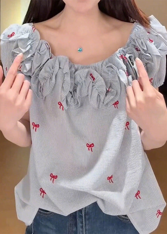 Art Blue Ruffled Bow Cotton Shirt Summer
