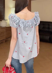 Art Blue Ruffled Bow Cotton Shirt Summer