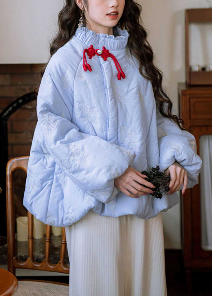 Art Blue Ruffled Embroidered Button Cotton Filled Parkas Winter