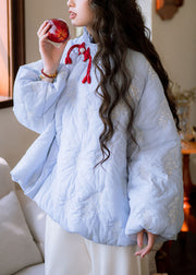 Art Blue Ruffled Embroidered Button Cotton Filled Parkas Winter