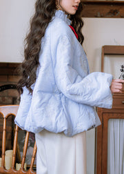 Art Blue Ruffled Embroidered Button Cotton Filled Parkas Winter
