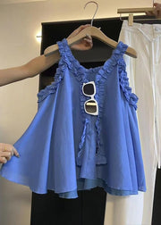 Art Blue Ruffled Solid Cotton Blouse Top Sleeveless