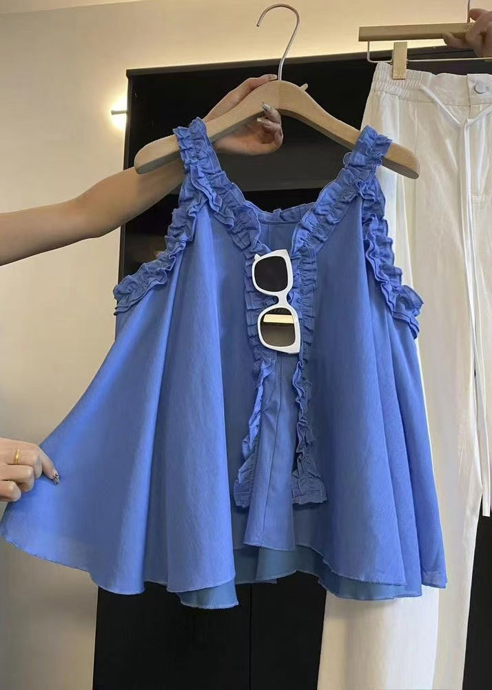 Art Blue Ruffled Solid Cotton Blouse Top Sleeveless
