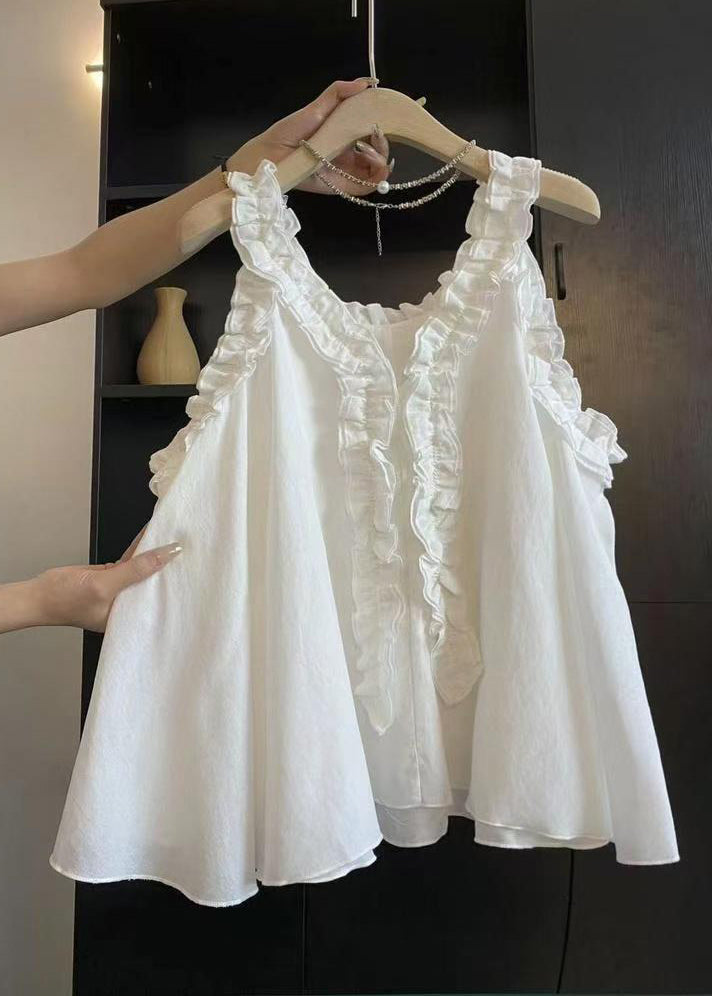 Art Blue Ruffled Solid Cotton Blouse Top Sleeveless